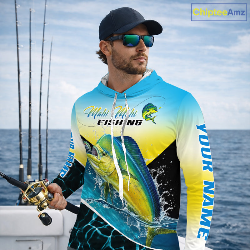 Mahi Mahi Hooded Fishing Shirt Custom Name Upf UV Protection Performance Long Sleeve Gift