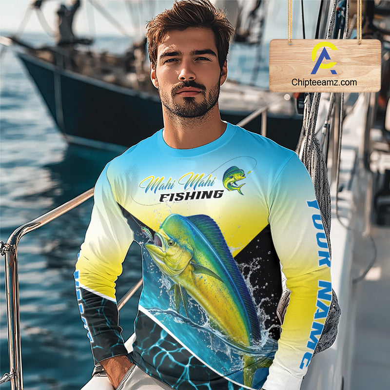 Mahi Mahi Fishing Shirt Custom Name Upf UV Protection Performance Long Sleeve Gift