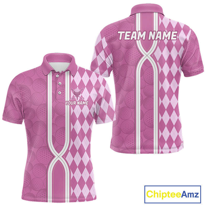 Custom Golf Polo Shirt, Argyle Pink Golf Shirt, Personalized Name Team Golf Polo