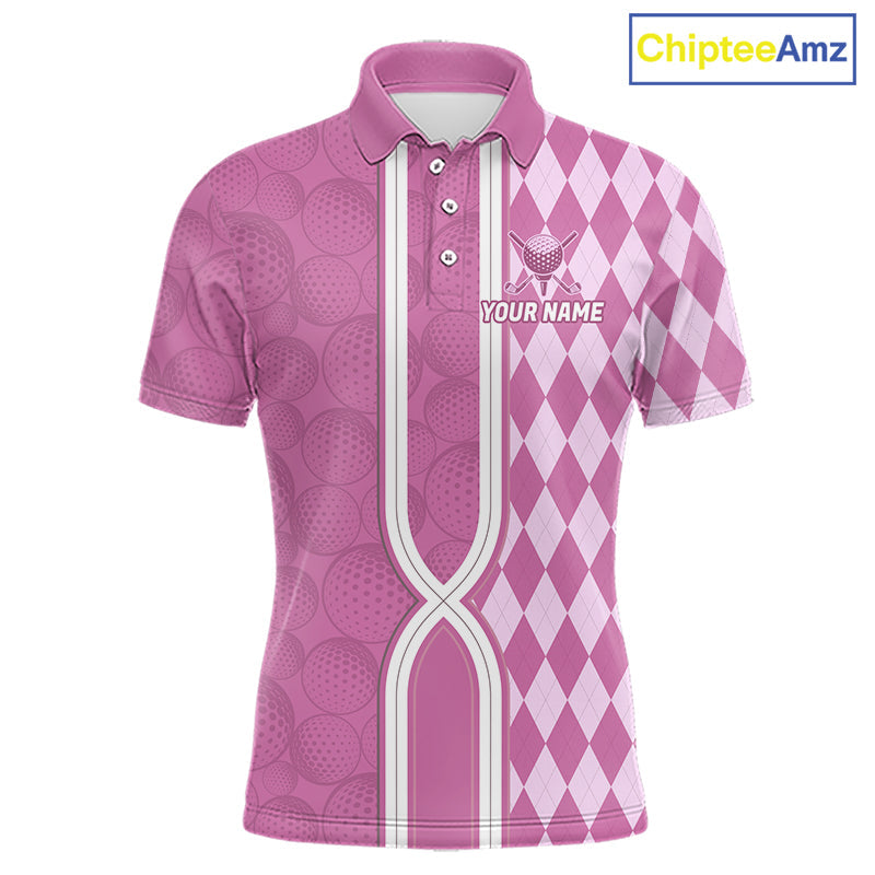 Custom Golf Polo Shirt, Argyle Pink Golf Shirt, Personalized Name Team Golf Polo
