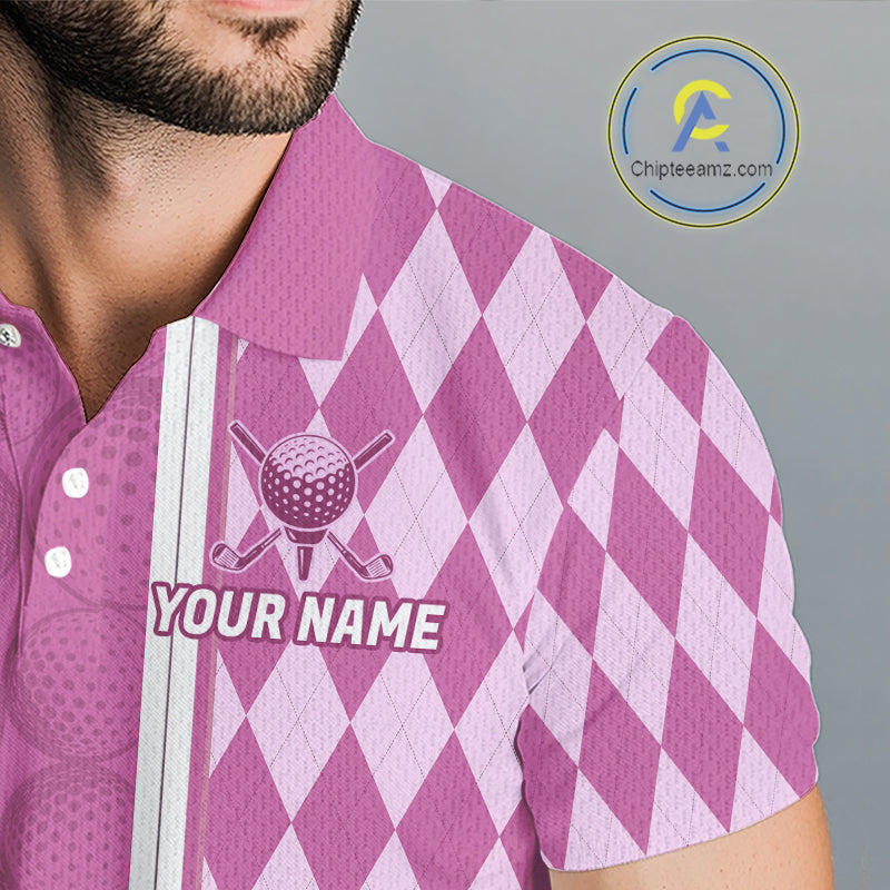 Custom Golf Polo Shirt, Argyle Pink Golf Shirt, Personalized Name Team Golf Polo