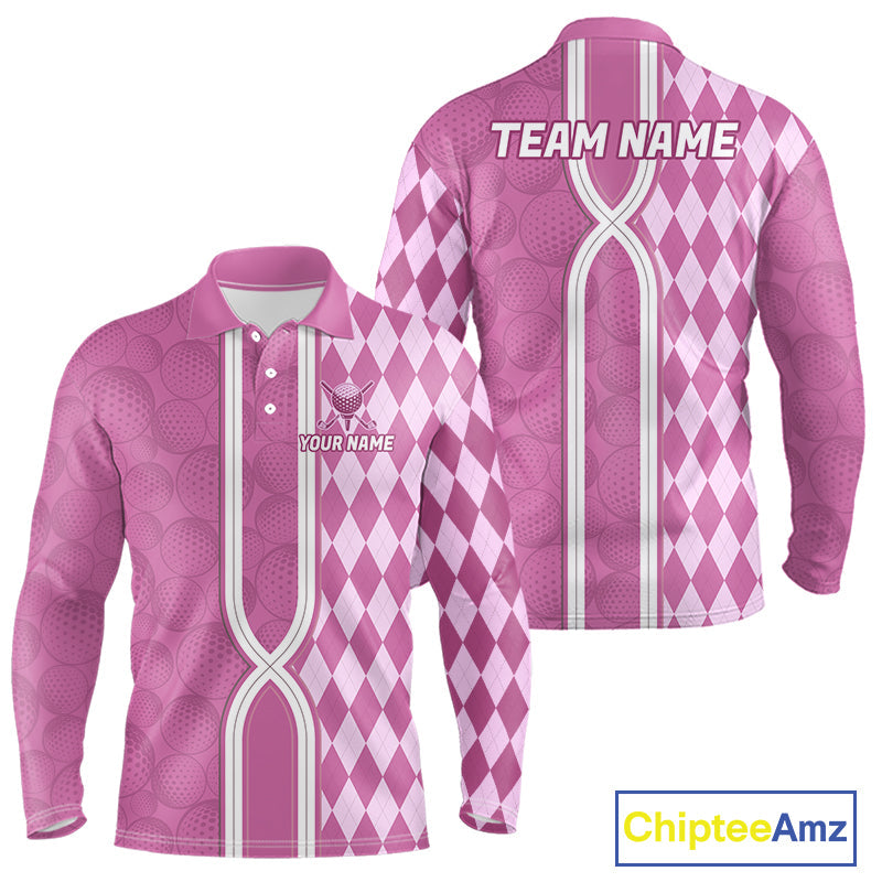 Custom Golf Polo Shirt, Argyle Pink Golf Shirt, Personalized Name Team Golf Polo