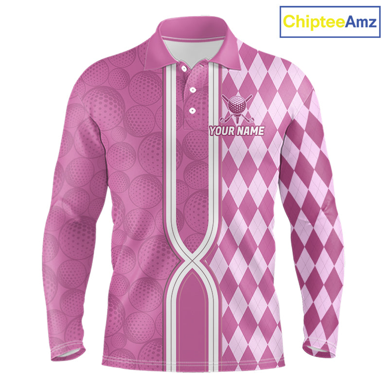 Custom Golf Polo Shirt, Argyle Pink Golf Shirt, Personalized Name Team Golf Polo