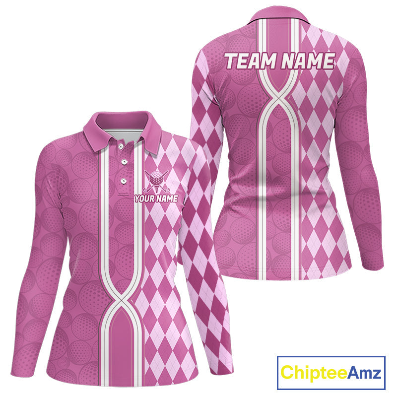 Custom Golf Polo Shirt, Argyle Pink Golf Shirt, Personalized Name Team Golf Polo