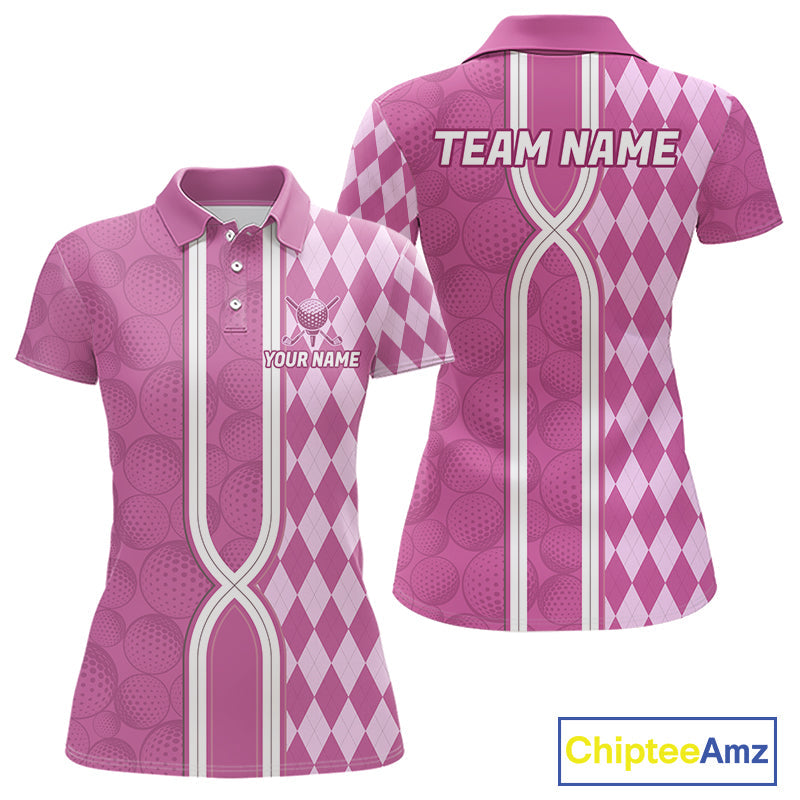 Custom Golf Polo Shirt, Argyle Pink Golf Shirt, Personalized Name Team Golf Polo