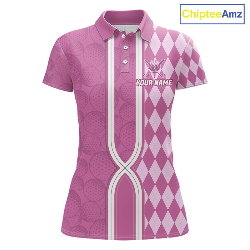 Custom Golf Polo Shirt, Argyle Pink Golf Shirt, Personalized Name Team Golf Polo