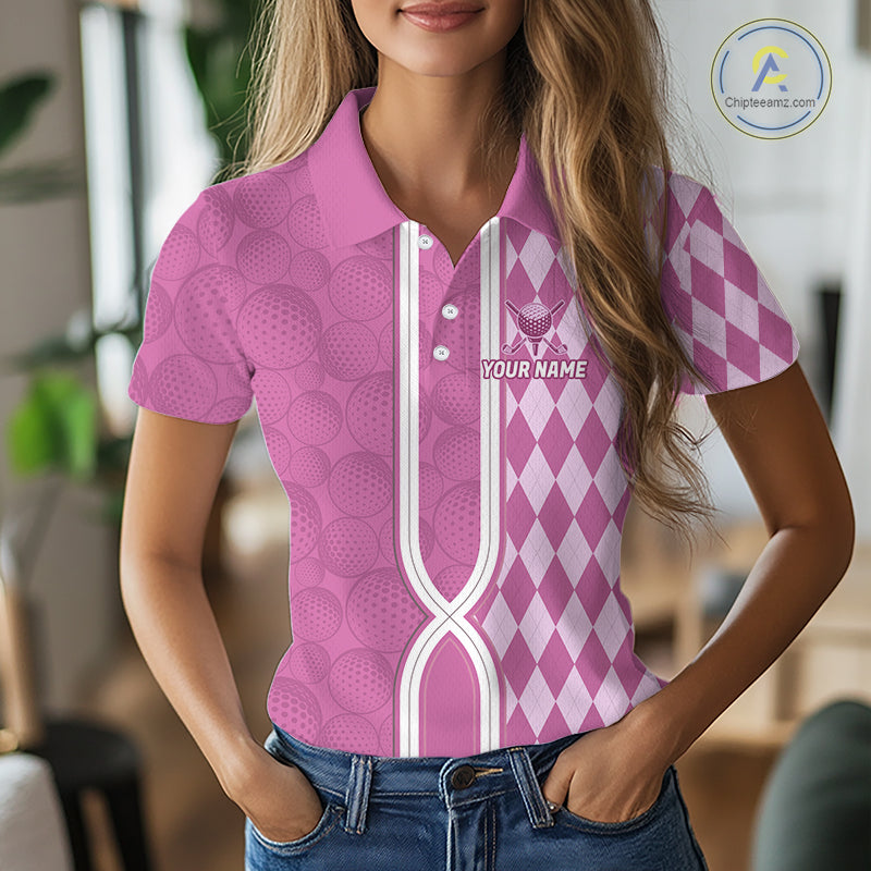 Custom Golf Polo Shirt, Argyle Pink Golf Shirt, Personalized Name Team Golf Polo