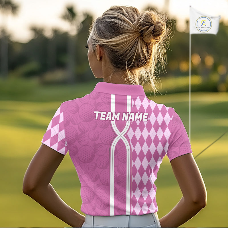 Custom Golf Polo Shirt, Argyle Pink Golf Shirt, Personalized Name Team Golf Polo