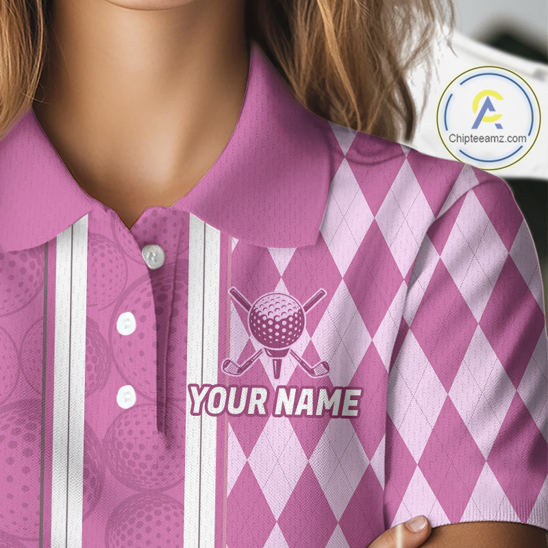Custom Golf Polo Shirt, Argyle Pink Golf Shirt, Personalized Name Team Golf Polo