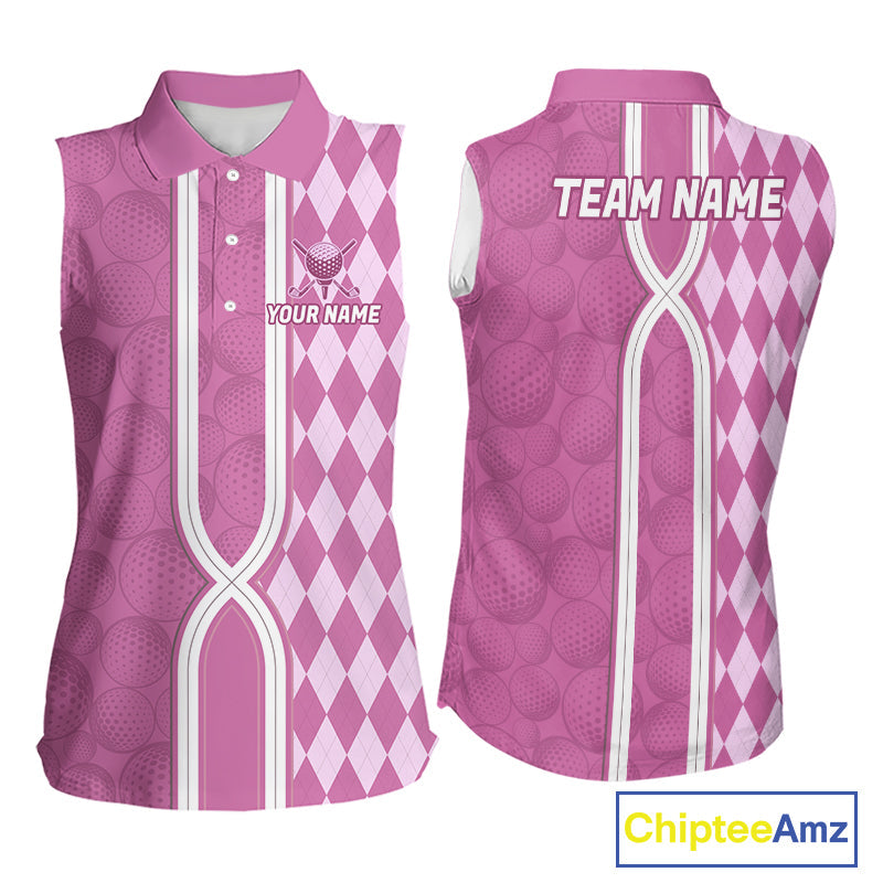 Custom Sleeveless Golf Polo Shirt, Argyle Pink Golf Shirt, Personalized Name Team Golf Polo