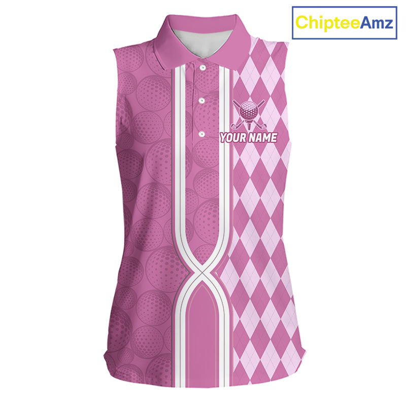 Custom Sleeveless Golf Polo Shirt, Argyle Pink Golf Shirt, Personalized Name Team Golf Polo