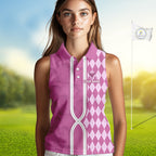 Custom Sleeveless Golf Polo Shirt, Argyle Pink Golf Shirt, Personalized Name Team Golf Polo