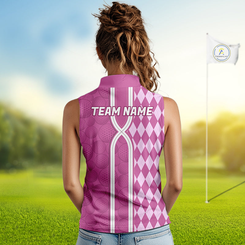 Custom Sleeveless Golf Polo Shirt, Argyle Pink Golf Shirt, Personalized Name Team Golf Polo