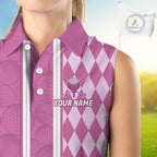 Custom Sleeveless Golf Polo Shirt, Argyle Pink Golf Shirt, Personalized Name Team Golf Polo