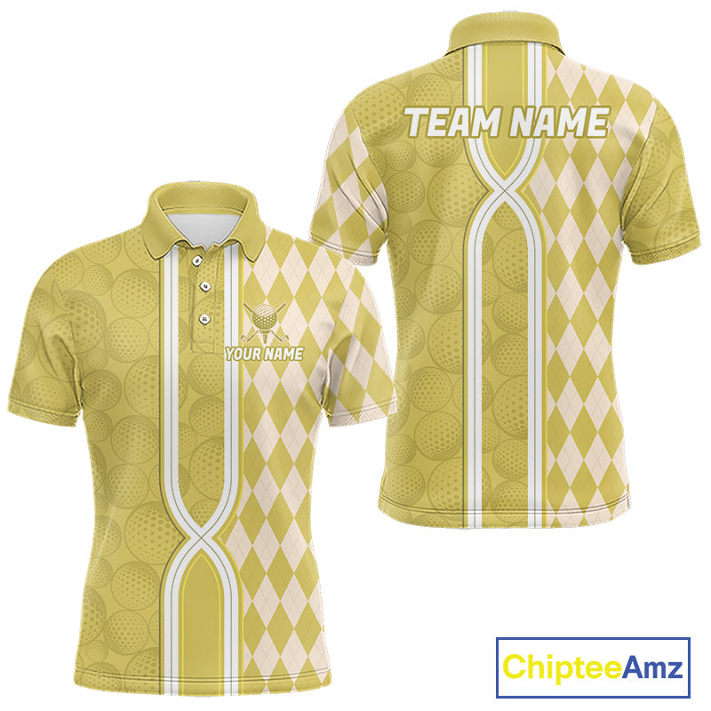 Custom Golf Polo Shirt, Argyle Yellow Golf Shirt, Personalized Name Team Golf Polo