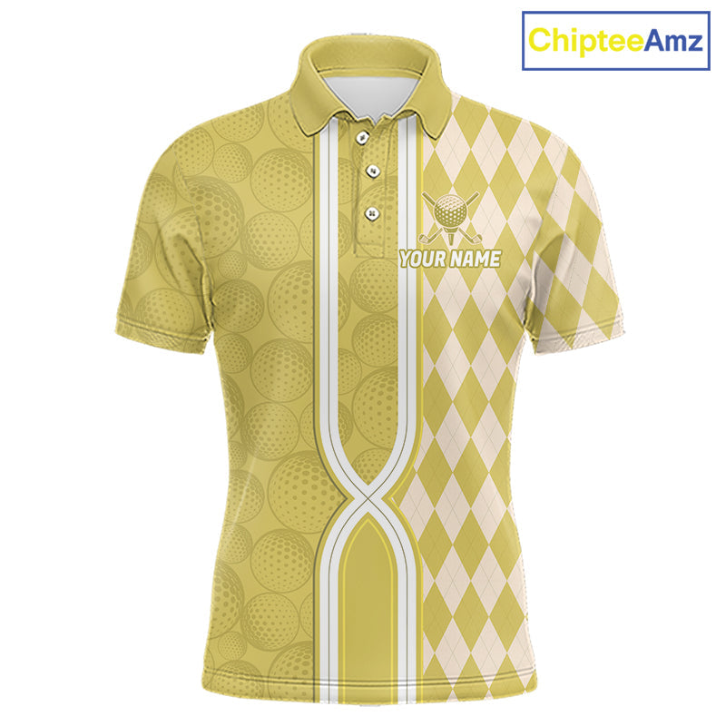 Custom Golf Polo Shirt, Argyle Yellow Golf Shirt, Personalized Name Team Golf Polo