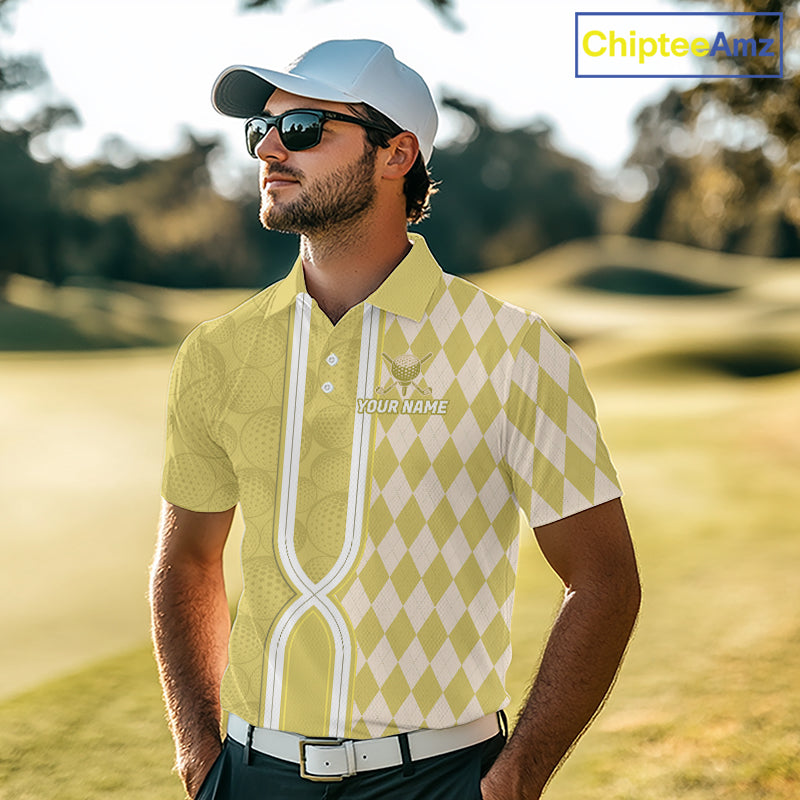 Custom Golf Polo Shirt, Argyle Yellow Golf Shirt, Personalized Name Team Golf Polo
