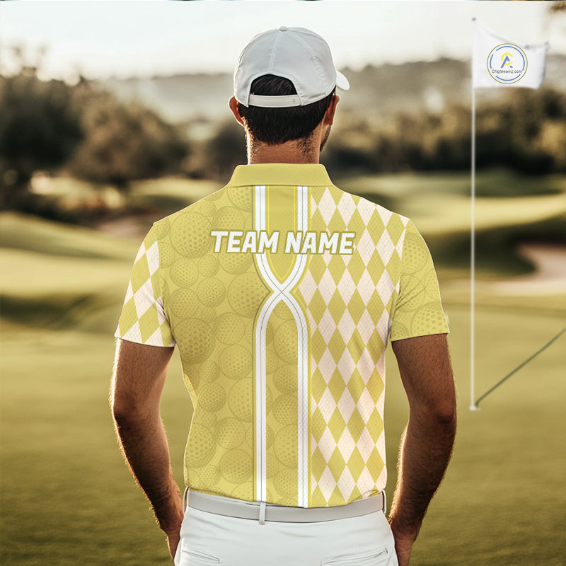 Custom Golf Polo Shirt, Argyle Yellow Golf Shirt, Personalized Name Team Golf Polo