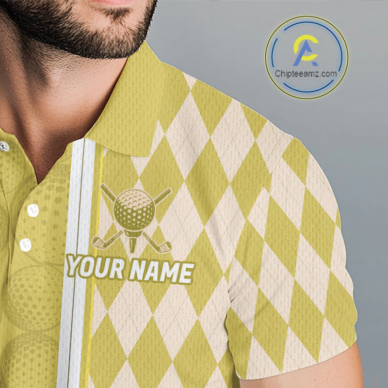 Custom Golf Polo Shirt, Argyle Yellow Golf Shirt, Personalized Name Team Golf Polo