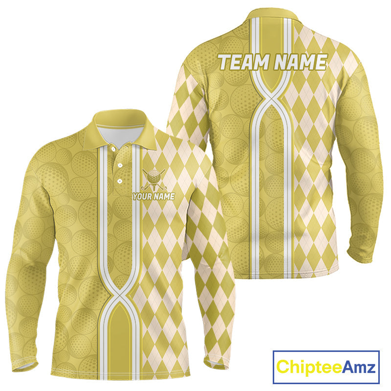 Custom Golf Polo Shirt, Argyle Yellow Golf Shirt, Personalized Name Team Golf Polo