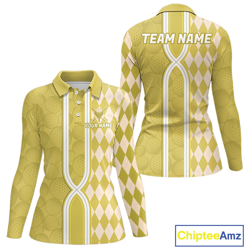 Custom Golf Polo Shirt, Argyle Yellow Golf Shirt, Personalized Name Team Golf Polo