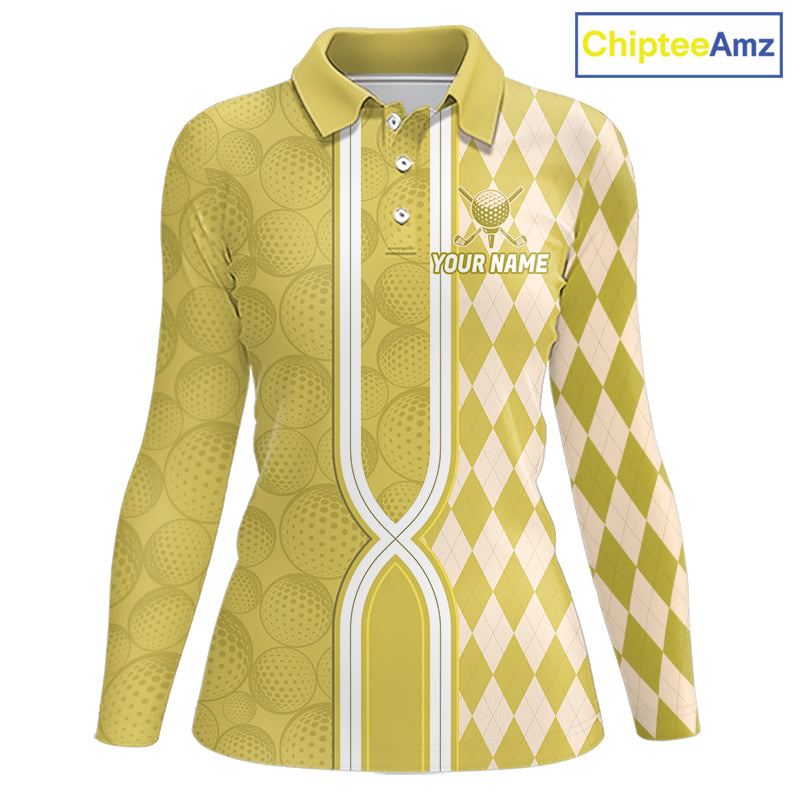 Custom Golf Polo Shirt, Argyle Yellow Golf Shirt, Personalized Name Team Golf Polo