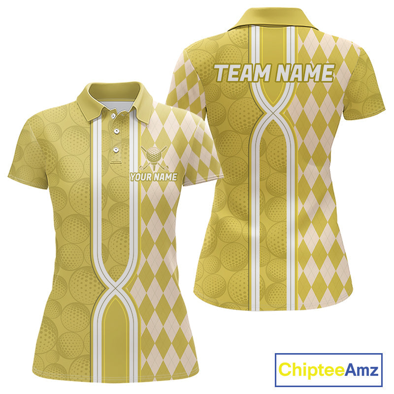 Custom Golf Polo Shirt, Argyle Yellow Golf Shirt, Personalized Name Team Golf Polo