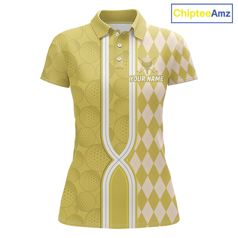 Custom Golf Polo Shirt, Argyle Yellow Golf Shirt, Personalized Name Team Golf Polo