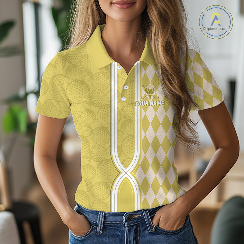Custom Golf Polo Shirt, Argyle Yellow Golf Shirt, Personalized Name Team Golf Polo