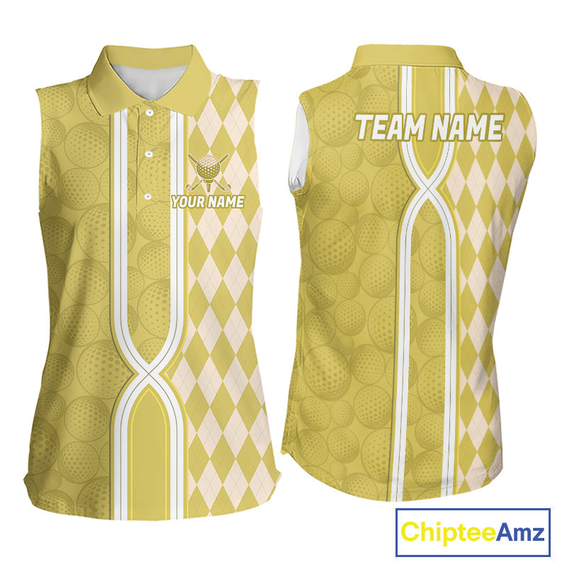 Custom Sleeveless Golf Polo Shirt, Argyle Yellow Golf Shirt, Personalized Name Team Golf Polo