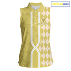 Custom Sleeveless Golf Polo Shirt, Argyle Yellow Golf Shirt, Personalized Name Team Golf Polo