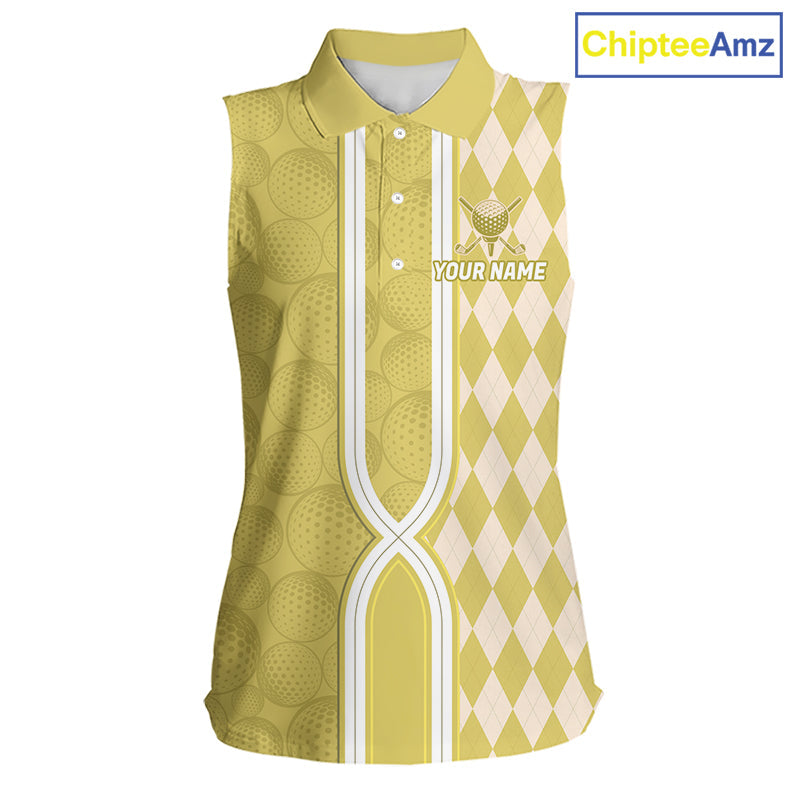 Custom Sleeveless Golf Polo Shirt, Argyle Yellow Golf Shirt, Personalized Name Team Golf Polo