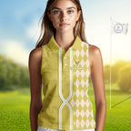 Custom Sleeveless Golf Polo Shirt, Argyle Yellow Golf Shirt, Personalized Name Team Golf Polo