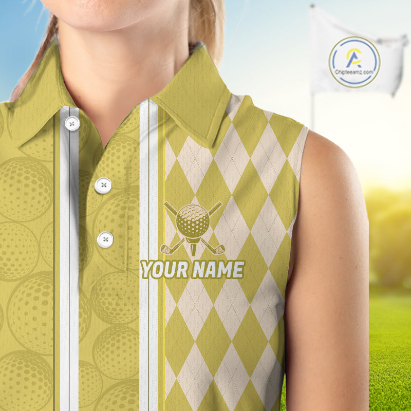 Custom Sleeveless Golf Polo Shirt, Argyle Yellow Golf Shirt, Personalized Name Team Golf Polo