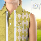 Custom Sleeveless Golf Polo Shirt, Argyle Yellow Golf Shirt, Personalized Name Team Golf Polo