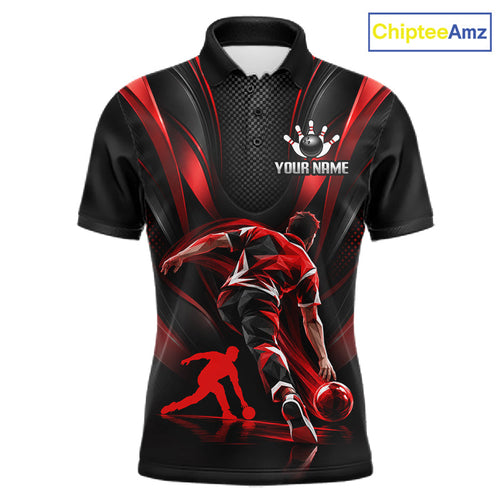 Red Black Bowling Player Polo Shirt Custom Abstract Sports Team Tournament Jersey