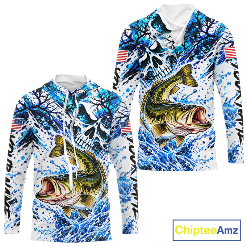 Largemouth Bass Hooded Fishing Shirt Custom Skull Blue Splash Water US Flag Long Sleeve Apparel