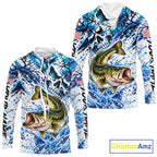Largemouth Bass Hooded Fishing Shirt Custom Skull Blue Splash Water US Flag Long Sleeve Apparel