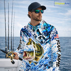Largemouth Bass Hooded Fishing Shirt Custom Skull Blue Splash Water US Flag Long Sleeve Apparel