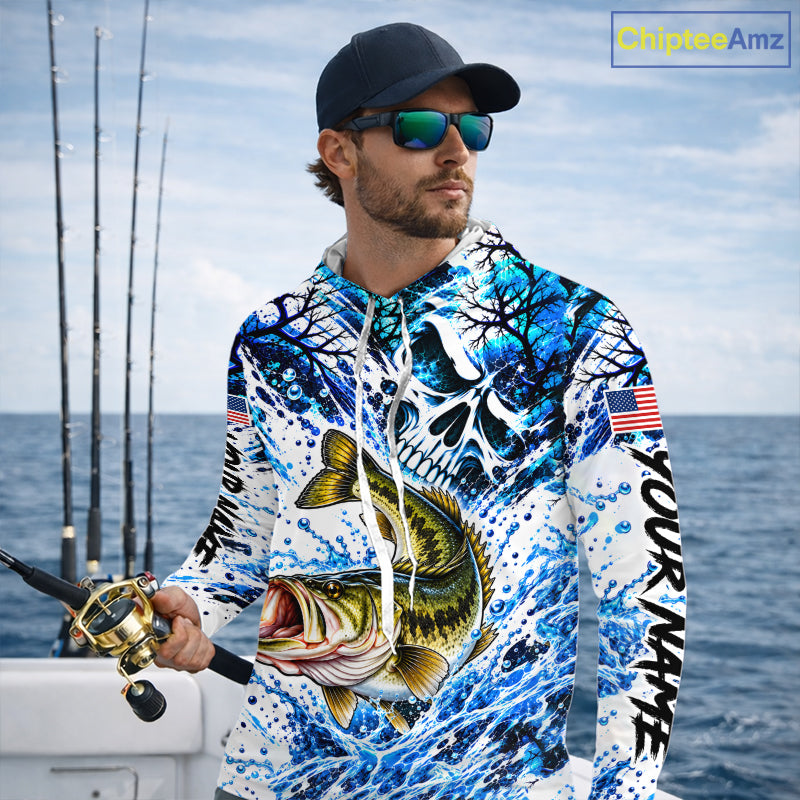 Largemouth Bass Hooded Fishing Shirt Custom Skull Blue Splash Water US Flag Long Sleeve Apparel