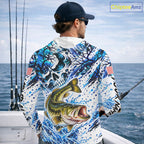 Largemouth Bass Hooded Fishing Shirt Custom Skull Blue Splash Water US Flag Long Sleeve Apparel