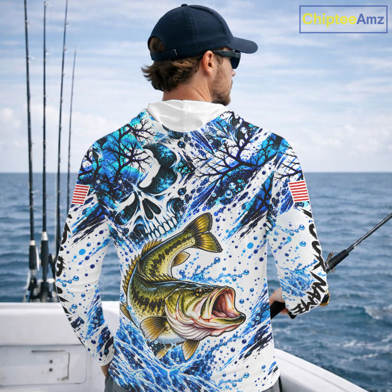 Largemouth Bass Hooded Fishing Shirt Custom Skull Blue Splash Water US Flag Long Sleeve Apparel