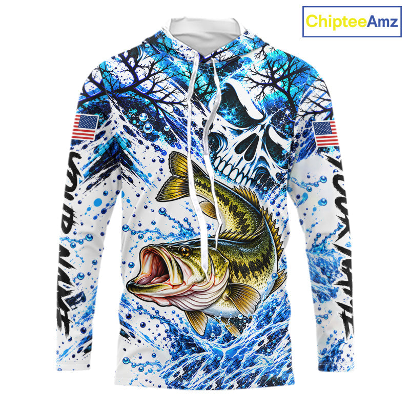 Largemouth Bass Hooded Fishing Shirt Custom Skull Blue Splash Water US Flag Long Sleeve Apparel