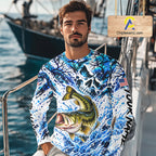 Largemouth Bass Fishing Shirt Custom Skull Blue Splash Water US Flag Long Sleeve Apparel