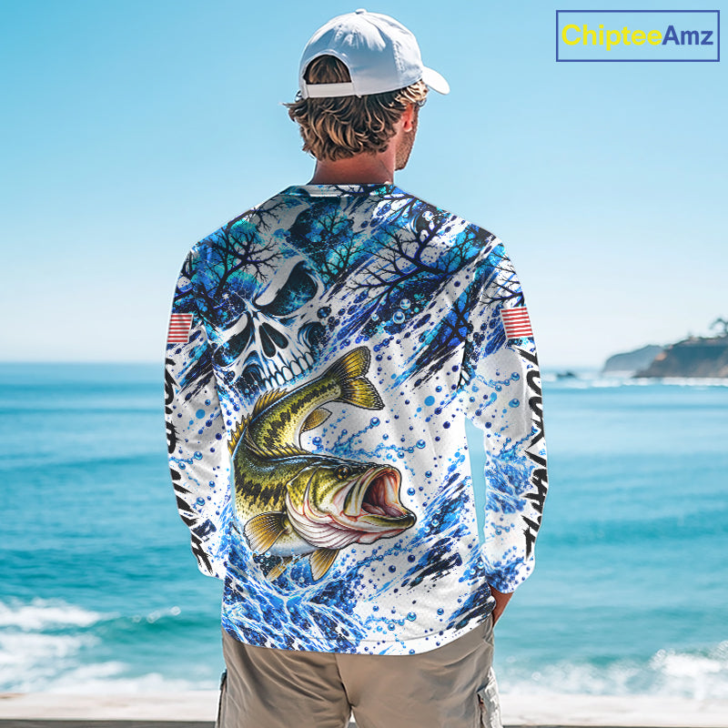 Largemouth Bass Fishing Shirt Custom Skull Blue Splash Water US Flag Long Sleeve Apparel