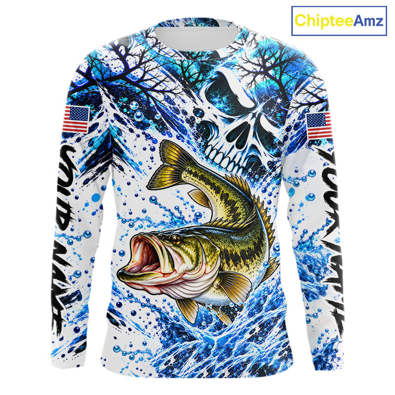 Largemouth Bass Fishing Shirt Custom Skull Blue Splash Water US Flag Long Sleeve Apparel
