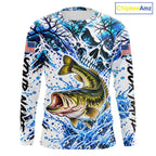 Largemouth Bass Fishing Shirt Custom Skull Blue Splash Water US Flag Long Sleeve Apparel