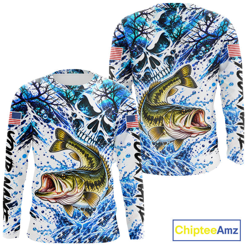 Largemouth Bass Fishing Shirt Custom Skull Blue Splash Water US Flag Long Sleeve Apparel