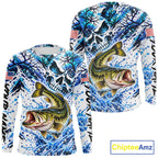 Largemouth Bass Fishing Shirt Custom Skull Blue Splash Water US Flag Long Sleeve Apparel
