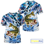 Largemouth Bass Fishing Shirt Custom Skull Blue Splash Water US Flag Short Sleeve Apparel
